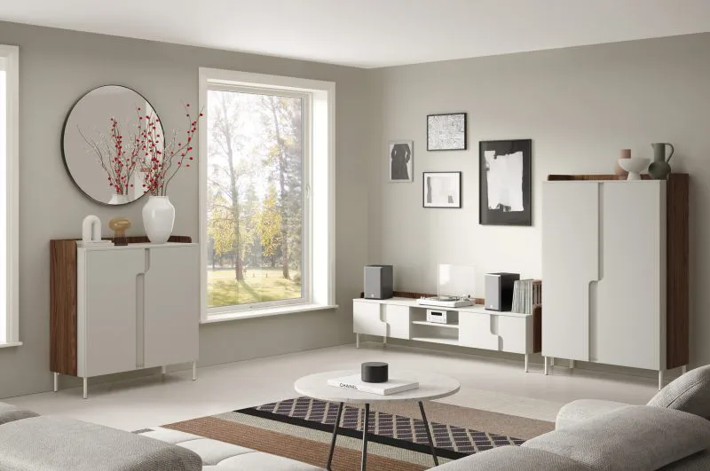 Wohnzimmer Set C | 3-teilig | Farbe: Kaschmir / Alba-Walnuss | Push-to-open Funktion | Beine aus Metall | 1 TV-Unterschrank | 1 Highboard | 1 Kommode