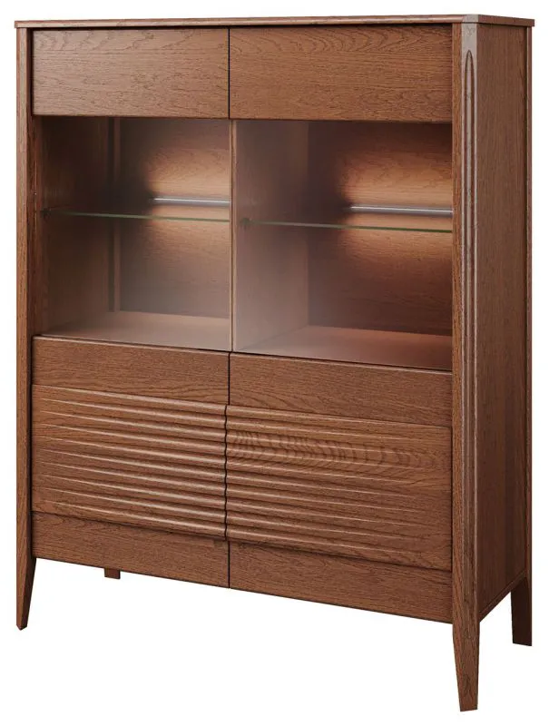 Vitrine Gorica 04 mit LED-Beleuchtung, in Eiche Rustikal, Soft Close System, 140 x 111 x 45 cm, teilmassiv, Antisol-Glas Bronze