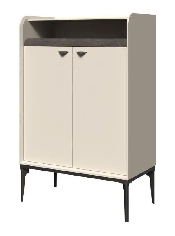 Schmale Kommode in Creme | abgerundete Ablagefläche in Eiche-Grau-Dekor | 124 x 81 x 43 cm | Soft Close System | Metallbeine