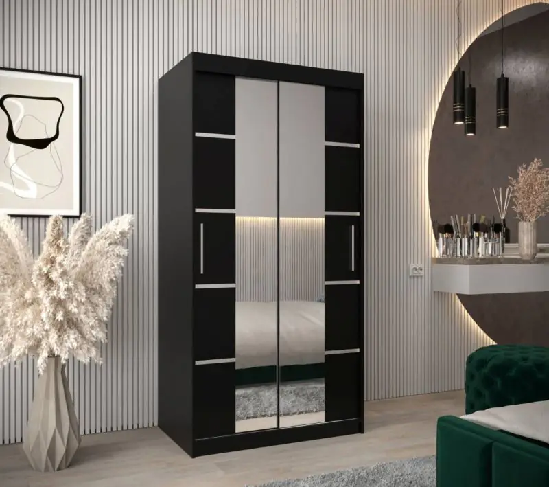 1 Meter breiter Kleiderschrank mit 2 Türen | Farbe: Schwarz Abbildung