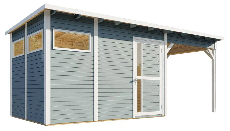 Steiner Shopping Gartenhaus Kiel 03 mit Anbaudach inkl. Fußboden, Hellgrau lackiert - 19 mm Elementgartenhaus, Nutzfläche: 7,70 m², Flachdach