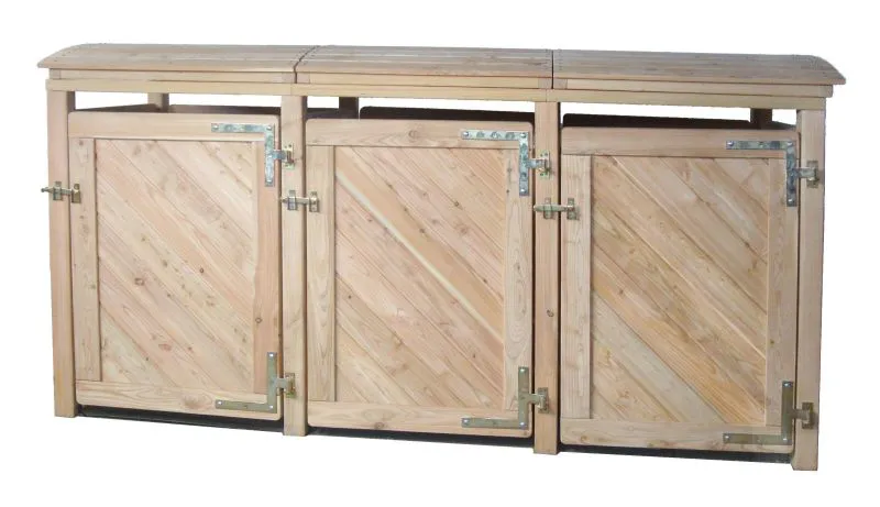 Mülltonnen-Unterstellbox Bergenie 03 aus Massivholz, Lärche natur, 3-fach, 128 x 237 x 84 cm, Mülltonnenbox, für 3 Mülltonnen, Abfalltonnenverkleidung