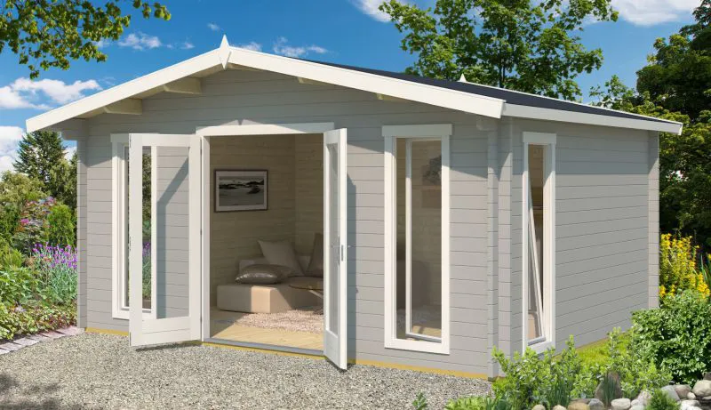 Gartenhaus G291 inkl. Fußboden, 480 x 360 cm, Lichtgrau, 44 mm Blockbohlenhaus, 17,28 m², Satteldach, Premium Isolierverglasung, Fichte/Kiefer