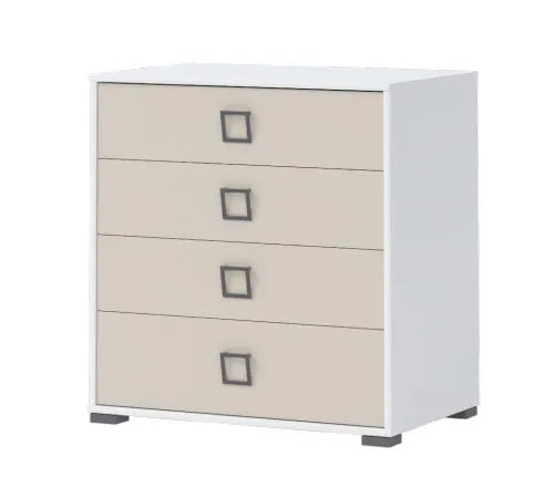 Moderne Kommode Benjamin 06 für das Kinderzimmer, Weiß / Creme, 89 x 84 x 56 cm, 4 Schubladen, quadratische Griffe, verstellbare Füße, Soft Close System