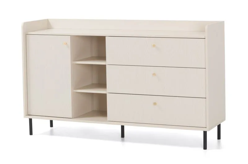 Kommode | 3 Schubladen | Farbe: Beige mit Holzstruktur | 5 Fächer | Maße: 153,5 x 42 x 91 cm | 1 Tür | Beine & Griffe: Metall | Sideboard | für Wohnzimmer