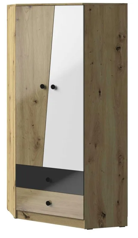 Drehtürenschrank / Eckkleiderschrank Sirte 02, Farbe: Eiche / Weiß / Schwarz Hochglanz - Abmessungen: 190 x 87 x 87 cm (H x B x T)
