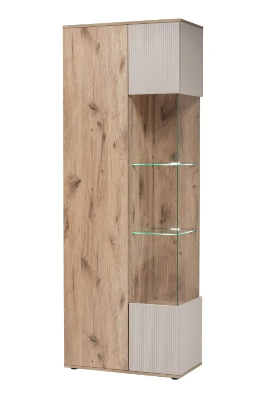 Vitrine | Push-to-open Funktion | Farbe: Eiche Viking / Kaschmir | 2 Türen | Maße: 70 x 40 x 197 cm | inkl. LED-Beleuchtung | 10 Fächer