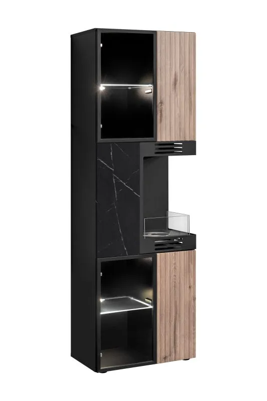 Vitrine | inkl. Bio-Ethanol Kamin | Farbe: Schwarz / Eiche Vicking / Schwarzer Marmor | inkl. LED-Beleuchtung | Push-to-open Funktion | 60 x 40 x 182 cm