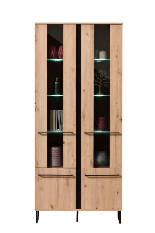Hohe Vitrine im Industrial Stil Crina 01, zwei Glastüren, Farbe: Eiche Artisan / Schwarz, Parsolglas, zwei Türen, Maße: 193,5 x 84,5 x 35 cm, 10 Fächer