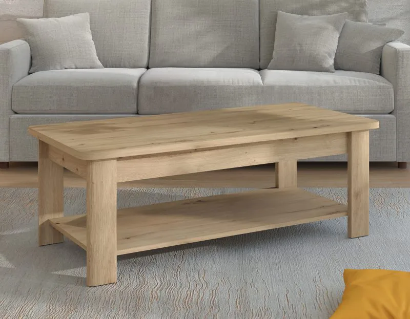 Neutraler Kaffeetisch / Couchtisch Palilula 01, Farbe: Eiche Artisan, für Wohnzimmer, ABS, Maße: 45 x 124 x 60 cm, gut kombinierbar