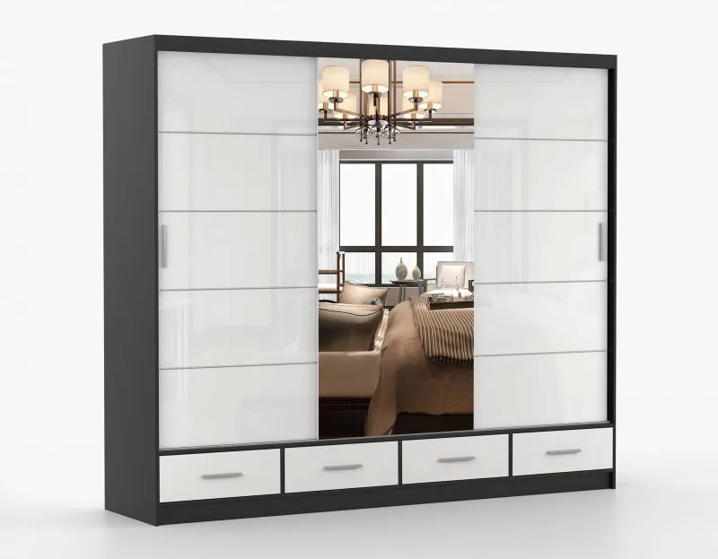 Schiebetürenschrank / Kleiderschrank mit Spiegel | 218 x 250 x 61 cm | Weiß / Schwarz | Lusatian 28 | 3 Türen | 4 Schubladen | 7 Fächer |  Zweifarbig
