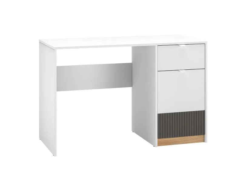 Moderner Schreibtisch mit Stauraum Mackinac 08, Soft-Close-System, ABS-Kantenschutz, Farbe: Weiß / Eiche / Grafit matt, Maße: 76 x 120 x 55 cm, mit einer Schublade und zwei Fächer