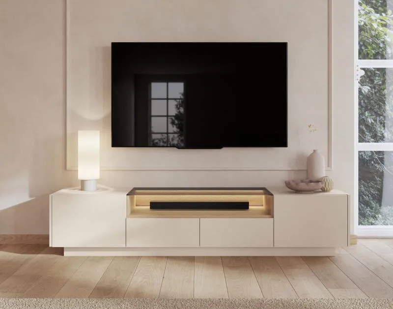 TV-Unterschrank | Farbe: Beige / Eiche Cremona | 2 Drehtüren | inkl. LED-Beleuchtung | 3 Fächer | 203 x 40 x 43 cm | Push-to-open Funktion | TV-Board | 2 Schubladen