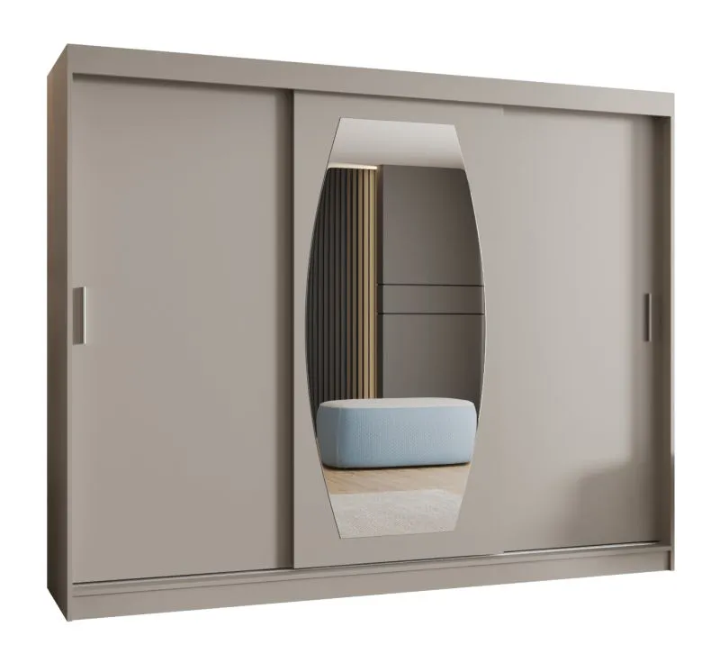 Kleiderschrank / Schiebetürenschrank Musala 24, Farbe: Kaschmir, 2,5 Meter breit, eine Spiegeltür, 10 Fächer, zwei Kleiderstangen, Aluminiumschienen