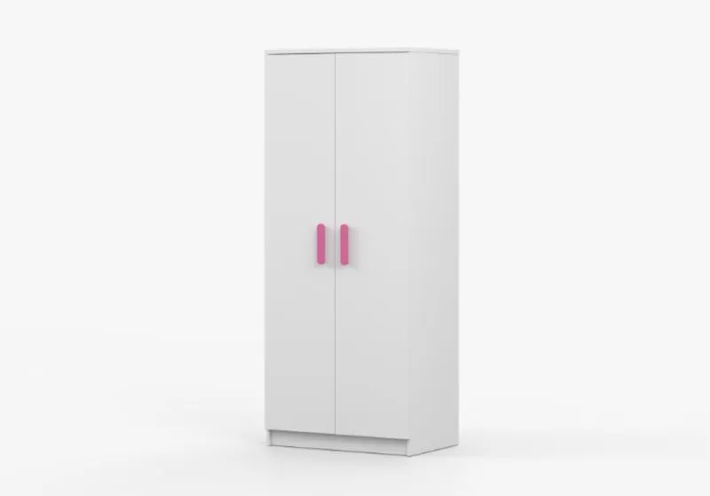 Kleiderschrank / Drehtürenschrank | Weiß | Smolikas 66 | 2 Türen |1 Kleiderstange | Holzgriffe in rosa | 5 Fächer | 192 x 80 x 50 cm | eckig