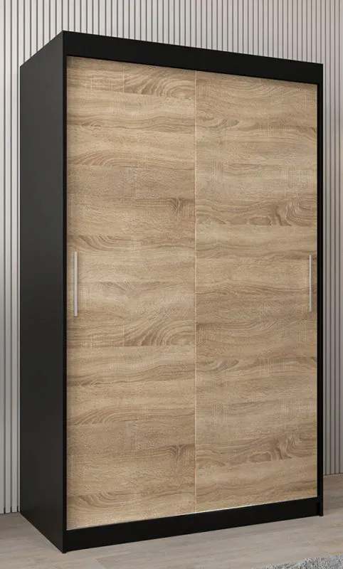 120 cm breiter Schiebetürenschrank mit 2 Türen | 5 Fächer | 2 Kleiderstangen | Farbe: Schwarz Abbildung