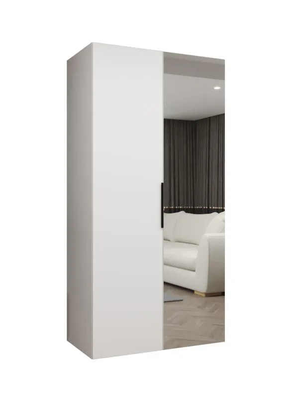 Kleiderschrank / Drehtürenschrank Korab 58, Farbe: Weiß, eine Spiegeltür, eine Kleiderstange, 1 Meter breit, Griffe: Schwarz, ein Fach, Soft-Close-Funktion