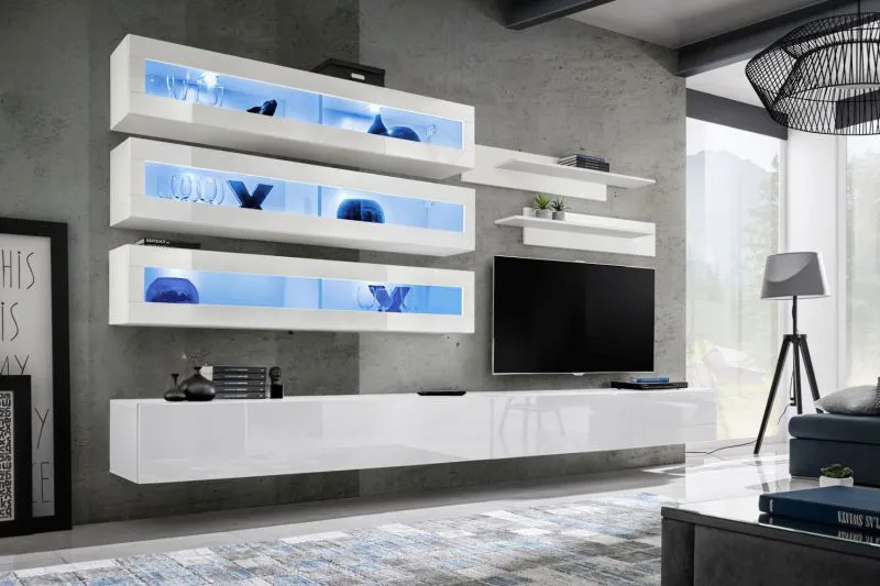 Wohnzimmer Wohnwand Hompland 101, Farbe: Weiß - Abmessungen: 180 x 320 x 40 cm (H x B x T), mit blauer LED-Beleuchtung