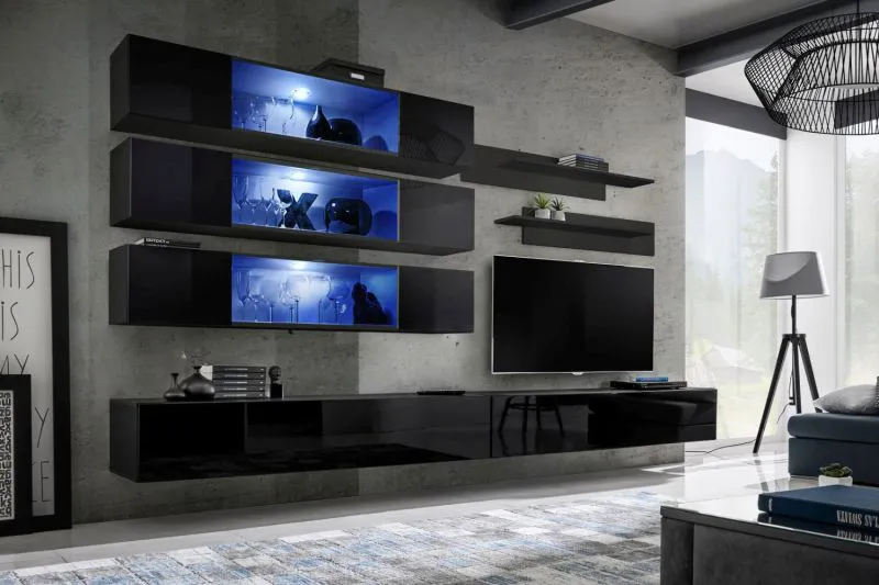 Stylische Wohnwand Hompland 108, Farbe: Schwarz - Abmessungen: 180 x 320 x 40 cm (H x B x T), mit genügend Stauraum
