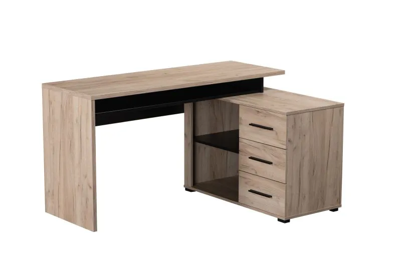 Moderner Eckschreibtisch Batani 01, drei Schubladen, Farbe: Eiche Grau / Schwarz, zwei Fächer, ABS-Kanten, Maße: 75 x 137,5 x 101,5 cm, verstellbaren Element