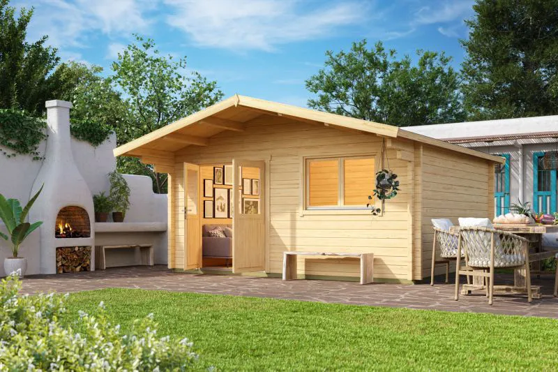 Ferienhaus F42 mit Vordach | 17,52 m² | 70 mm Blockbohlen | Naturbelassen | inkl. Fußboden & Isolierverglasung