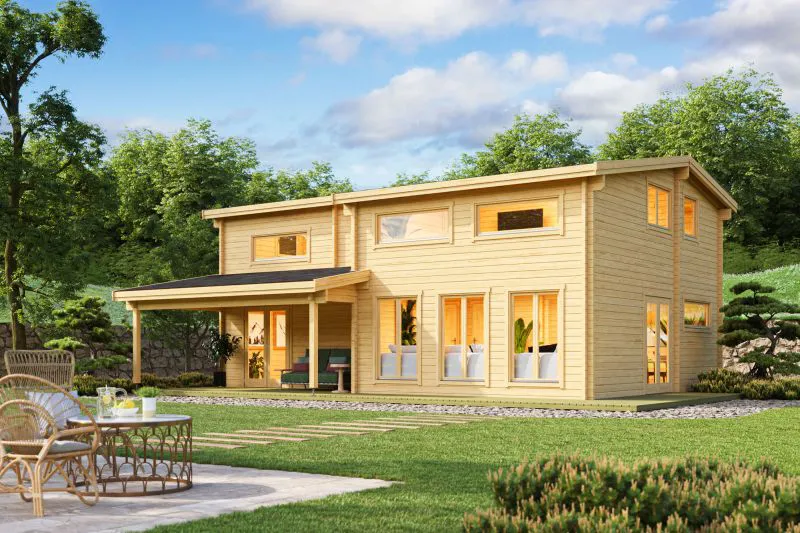 Ferienhaus F35XL mit 2 Etagen & überdachter Terrasse | 127,8 m² | 70 mm Blockbohlen | Naturbelassen | Fenster 2-Hand-Dreh-Kippsystematik
