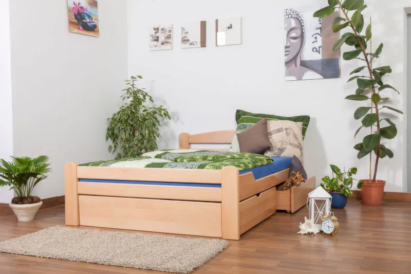 Einzelbett / Funktionsbett "Easy Premium Line" K4, inkl. 2 Schubladen und 1 Abdeckblende, 140 x 200 cm Buche Vollholz massiv Natur
