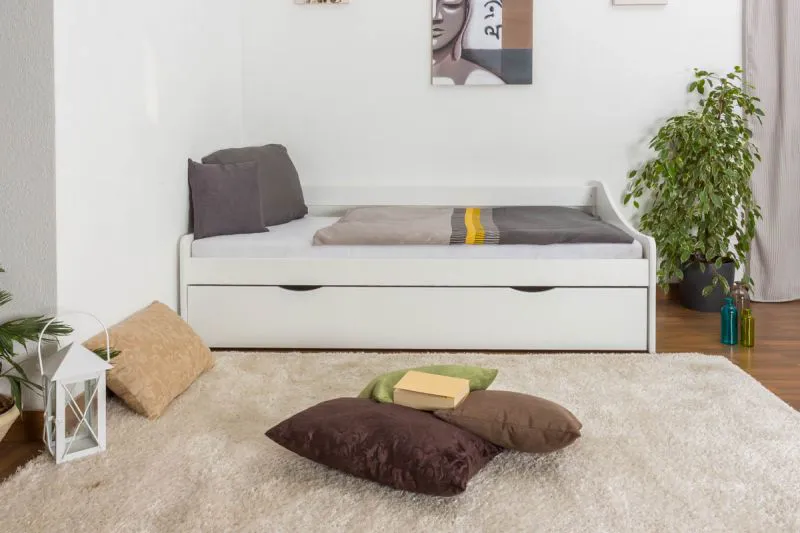 Einzelbett / Funktionsbett Kiefer massiv Vollholz weiß lackiert 93, inkl. Lattenrost - Abmessung 90 x 200 cm