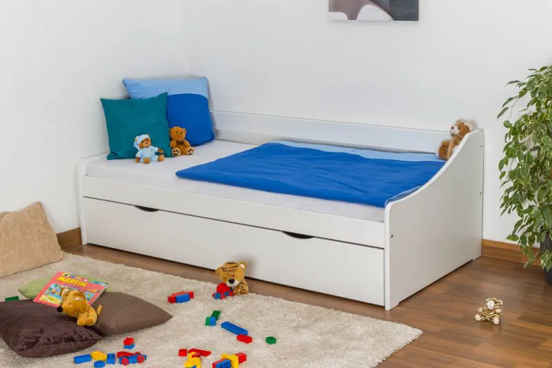 Jugendbett / Funktionsbett Kiefer massiv Vollholz weiß lackiert 93, inkl. Lattenrost - Abmessung 90 x 200 cm
