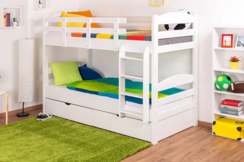 Etagenbett / Stockbett "Easy Premium Line" K18/n inkl. 2 Schubladen und 2 Abdeckblenden, Kopfteil mit Löchern, Buche Vollholz massiv Weiß - 90 x 200 cm, (B x L) teilbar