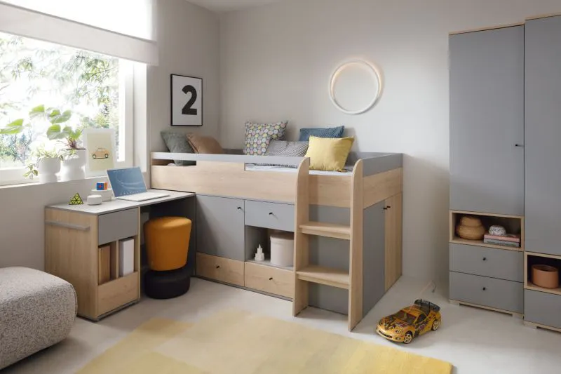 Jugendzimmer Kinderzimmer - Set A Alnoir, 3-teilig, Farbe: Eiche / Grau, ABS-Kantenschutz, schwarze Griffe, Schreibtisch, Funktionsbett
