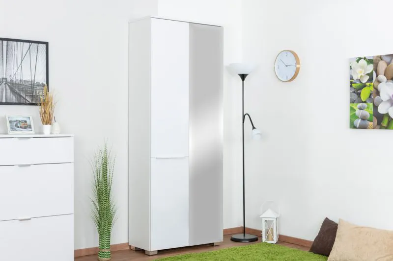 Drehtürenschrank / Kleiderschrank Sabadell 03, Farbe: Weiß / Weiß Hochglanz - 209 x 80 x 38 cm (H x B x T)
