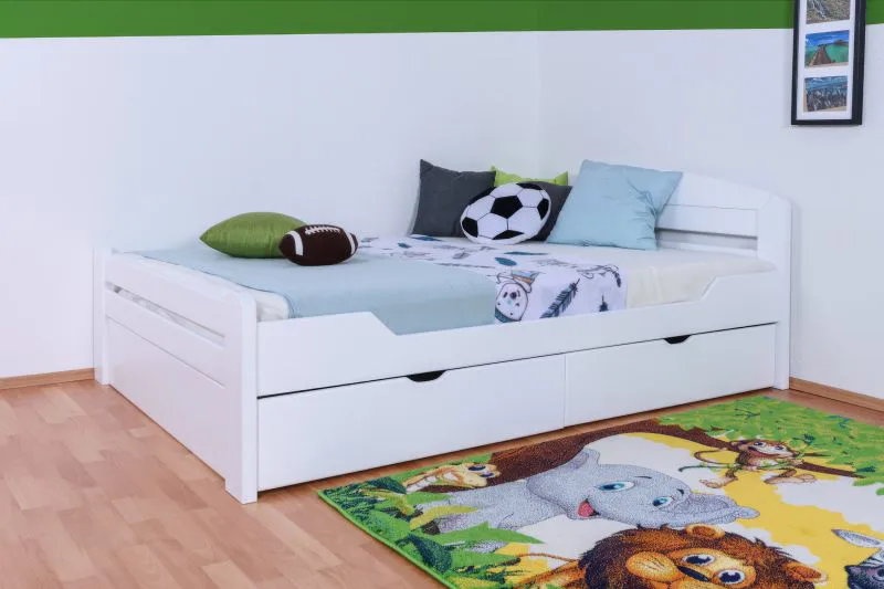 Jugendbett "Easy Premium Line" K5, inkl. 2 Schubladen und 1 Abdeckblende, 140 x 200 cm Buche Vollholz massiv weiß lackiert, inkl. Lattenrost