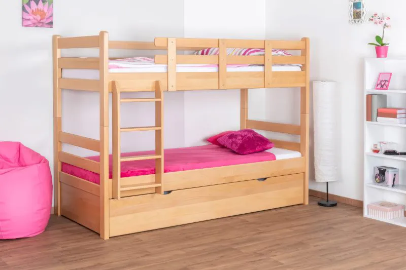 Etagenbett / Stockbett SET mit 2 Matratzen K20/h | inkl. Liegeplatz und 2 Abdeckblenden | Kopfteil gerade | Buche massiv Natur | Liegefläche: 90 x 200 cm