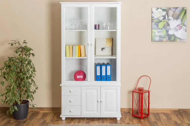 Vitrine Kiefer massiv Vollholz weiß Junco 37 - Abmessung 195 x 102 x 42 cm
