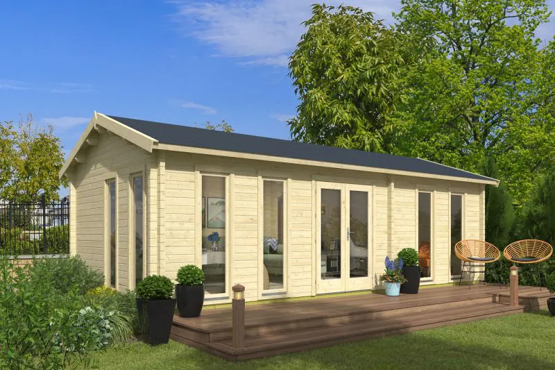 Gartenhaus aus nordischen Fichtenholz, Grundfläche: 32 m², 70 mm Blockbohlenhaus, Fenster und Tür aus Isolierglas, Satteldach, Außenmaße: 400 x 800 cm