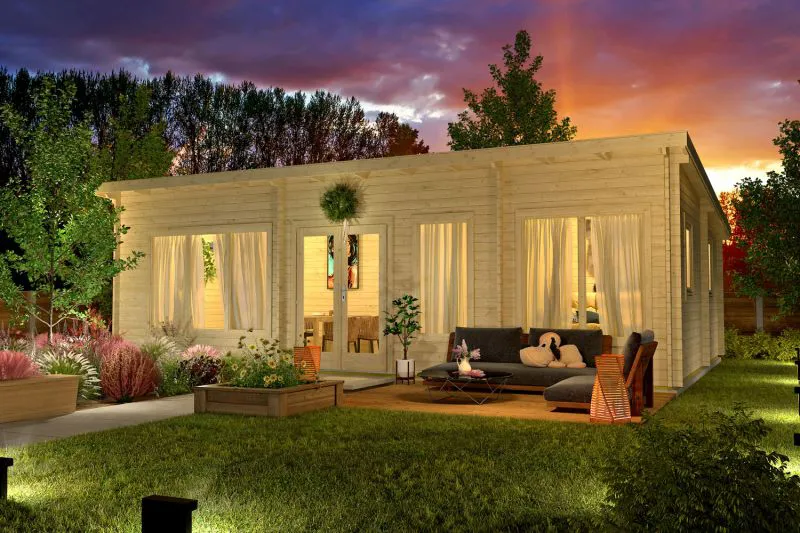 Ferienhaus / Gartenhaus mit 5 Räume, inkl. Fußboden, aus nordischen Fichtenholz, 40 mm Blockbohlenhaus, Grundfläche: 49,9 m², Außenmaße: 840 x 595 cm, Fenster und Tür aus Isolierglas, Flachdach