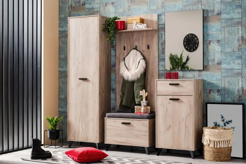Garderobe Komplett - Set A Vracar, 5-teilig, Farbe: Eiche Grau, ABS-Kantenschutz, Griffe & Beine: Schwarz, Schuhschrank inkl. Sitzkissen, ein Spiegel, ein Schrank, eine Kommode, Garderobe mit fünf Haken