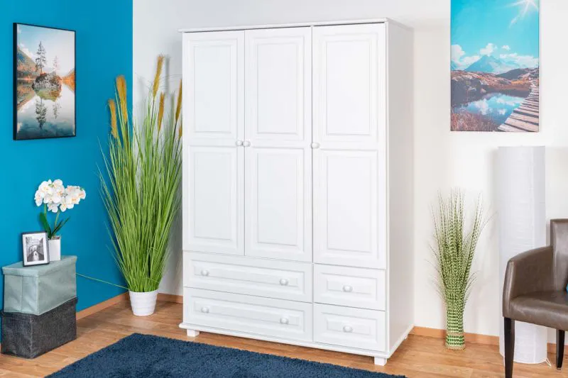 Kleiderschrank Kiefer Vollholz massiv weiß lackiert 017 - Abmessung 190 x 133 x 60 cm (H x B x T)