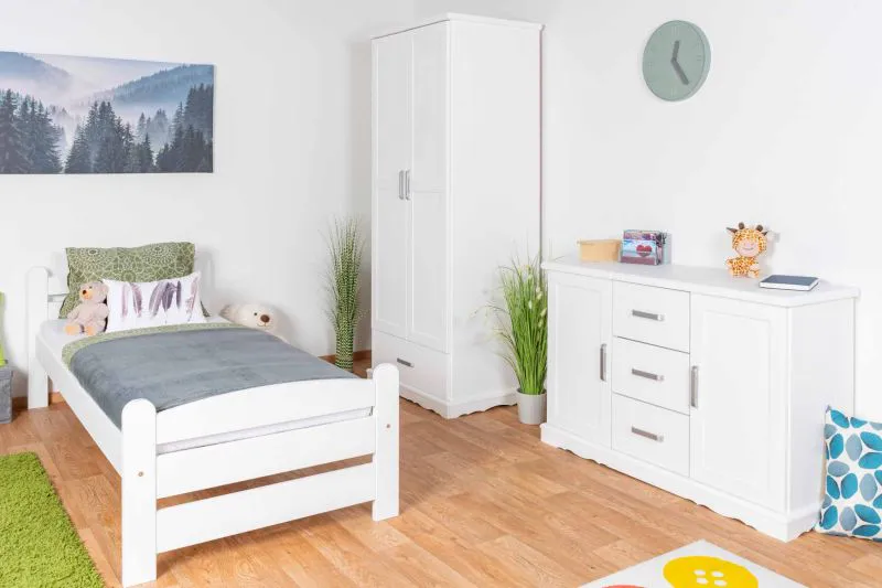 Kinderzimmer-Jugendzimmer im Landhausstil - Set A Bueto, 3-teilig, Weiß, Massivholz, Bett mit Liegefläche: 80 x 200 cm, Kleiderschrank und Kommode