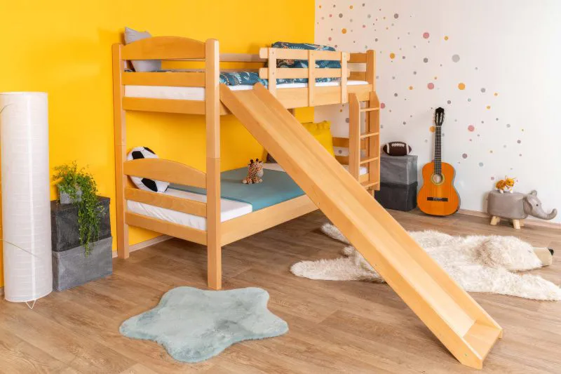 Etagenbett / Kinderbett / Stockbett mit Rutsche, 80 x 190 cm, Buche Massivholz Natur lackiert, teilbar in zwei Einzelbetten, "Easy Premium Line" K25/n