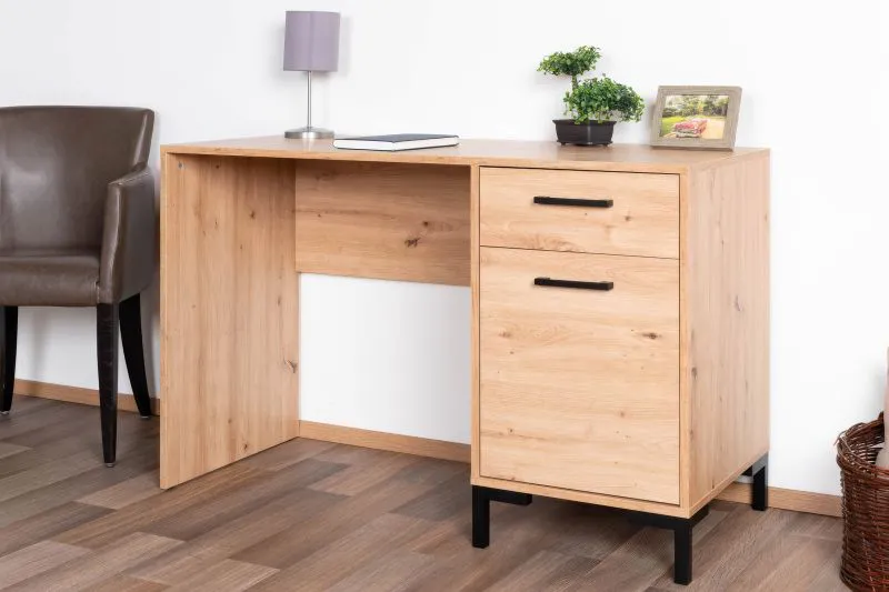 Schreibtisch Pandrup 23, Farbe: Eiche / Schwarz - Abmessungen: 75 x 120 x 51 cm (H x B x T), mit 1 Tür, 1 Schublade und 2 Fächern