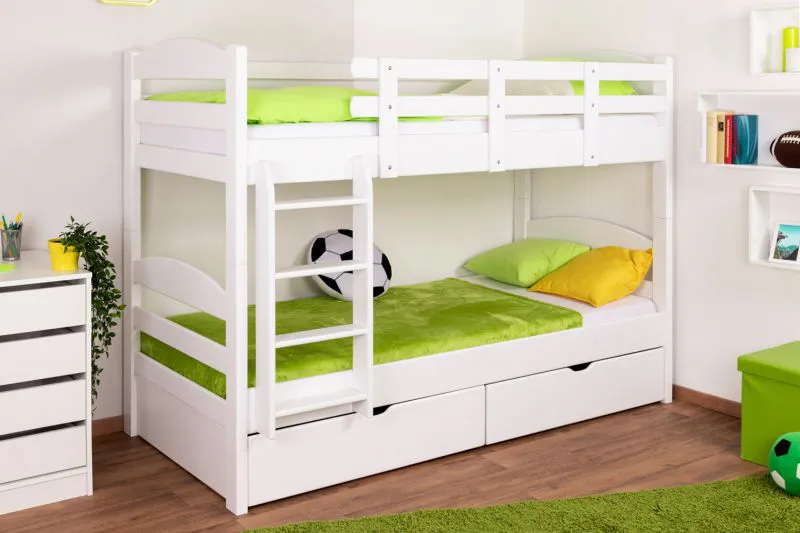 Funktions-Etagenbett 90 x 200 cm mit 2 Schubladen als Stauraum | Massivholz: Buche | Weiß Lackiert | umbaubar in zwei Einzelbetten | Premium-Qualität | inkl. Rollroste Abbildung