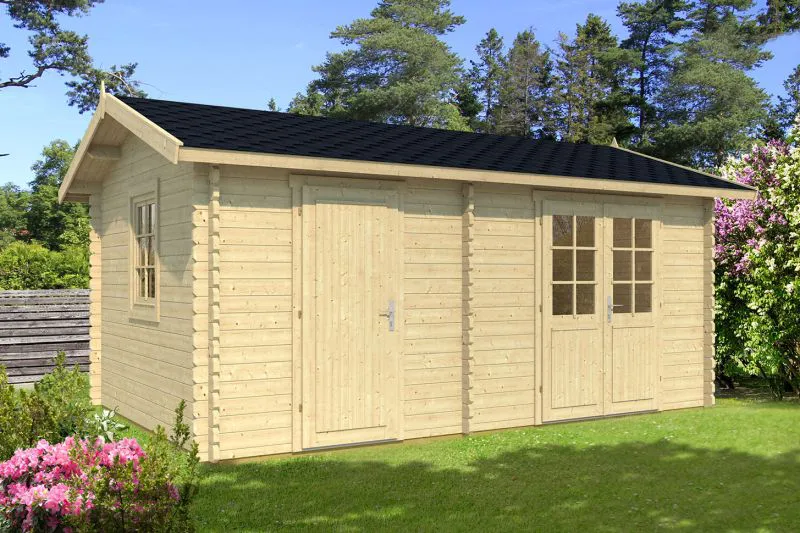 Holz-Gartenhaus 3,67 x 5,45 Meter (inkl. Dach) | 2 Fenster | 40 mm Blockbohlen |natur unbehandelt | Satteldach | inkl. Fußboden | aus nordischer Fichte Abbildung