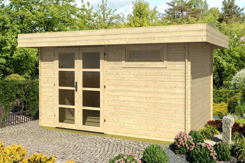 Flachdach-Gartenhaus 3,28 x 4,48 Meter (inkl. Dach) | 1 Fenster | 28 mm Blockbohlen |natur unbehandelt | aus Holz | inkl. Fußboden | aus nordischer Fichte Abbildung