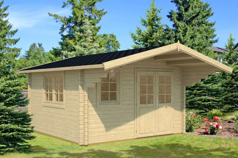 Holz-Gartenhaus 5,5 x 4,48 Meter (inkl. Dach) | 2 Fenster | 40 mm Blockbohlen |natur unbehandelt | Satteldach | inkl. Fußboden | aus nordischer Fichte Abbildung
