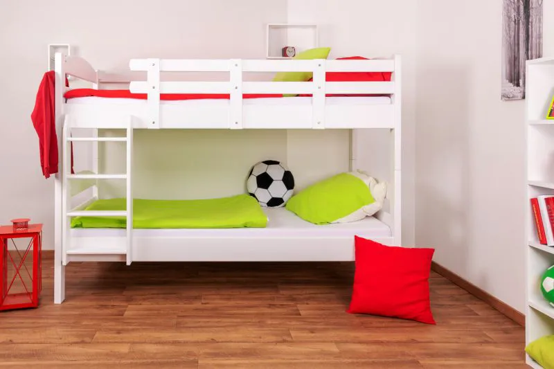Stockbett 90 x 200 cm | Massivholz: Buche | Weiß Lackiert | umbaubar in zwei Einzelbetten | Premium-Qualität | inkl. Rollroste Abbildung