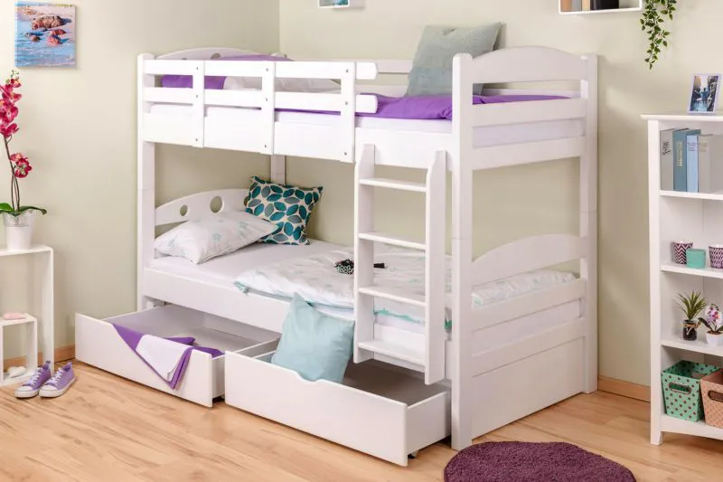 Funktions-Stockbett 90 x 200 cm mit 2 Schubkästen als Stauraum | Massivholz: Buche | Weiß Lackiert | umbaubar in zwei Einzelbetten | Premium-Qualität | inkl. Rollroste Abbildung
