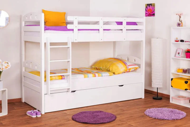 Massivholz Etagenbett inkl. Rollbett/Ausziehbett für Kinder und Jugendliche | Matratzenmaß: 90 x 200 cm | Weiß Lackiert | umbaubar in 2 Einzelbetten | mit Rollbett | inkl. Rollroste Abbildung