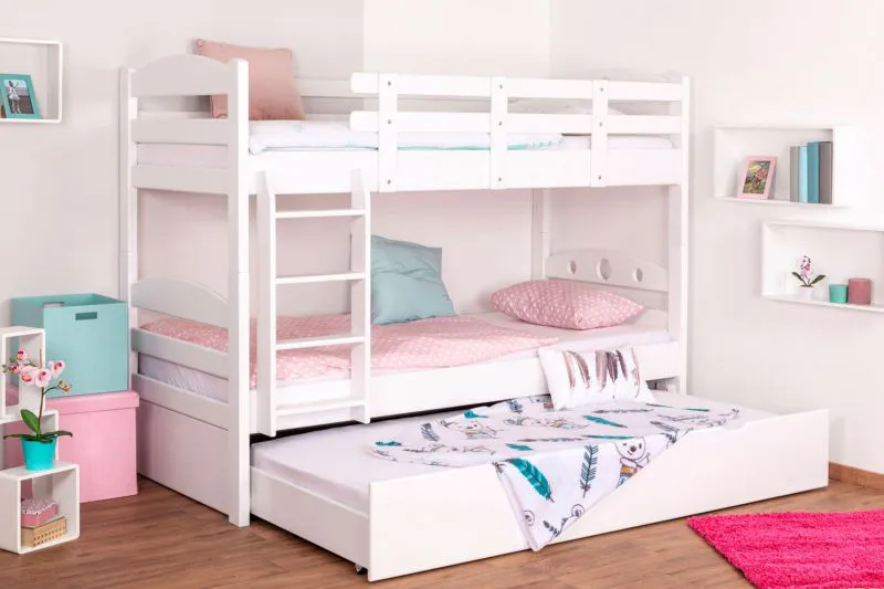 Massivholz Etagenbett inkl. Rollbett/Ausziehbett für Kinder und Jugendliche | Matratzenmaß: 90 x 200 cm | Weiß Lackiert | umbaubar in 2 Einzelbetten | mit Rollbett | inkl. Rollroste Abbildung